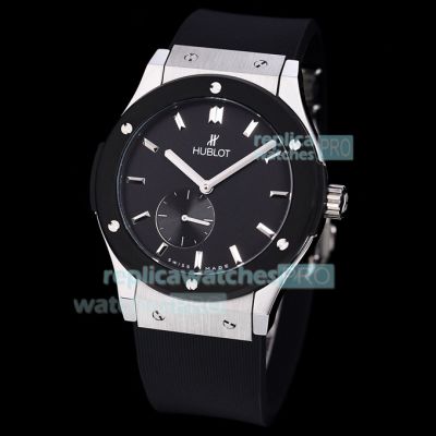 Copy Hublot Big Bang Classic Fusion SS Black Dial Black Rubber Strap Watch 42MM